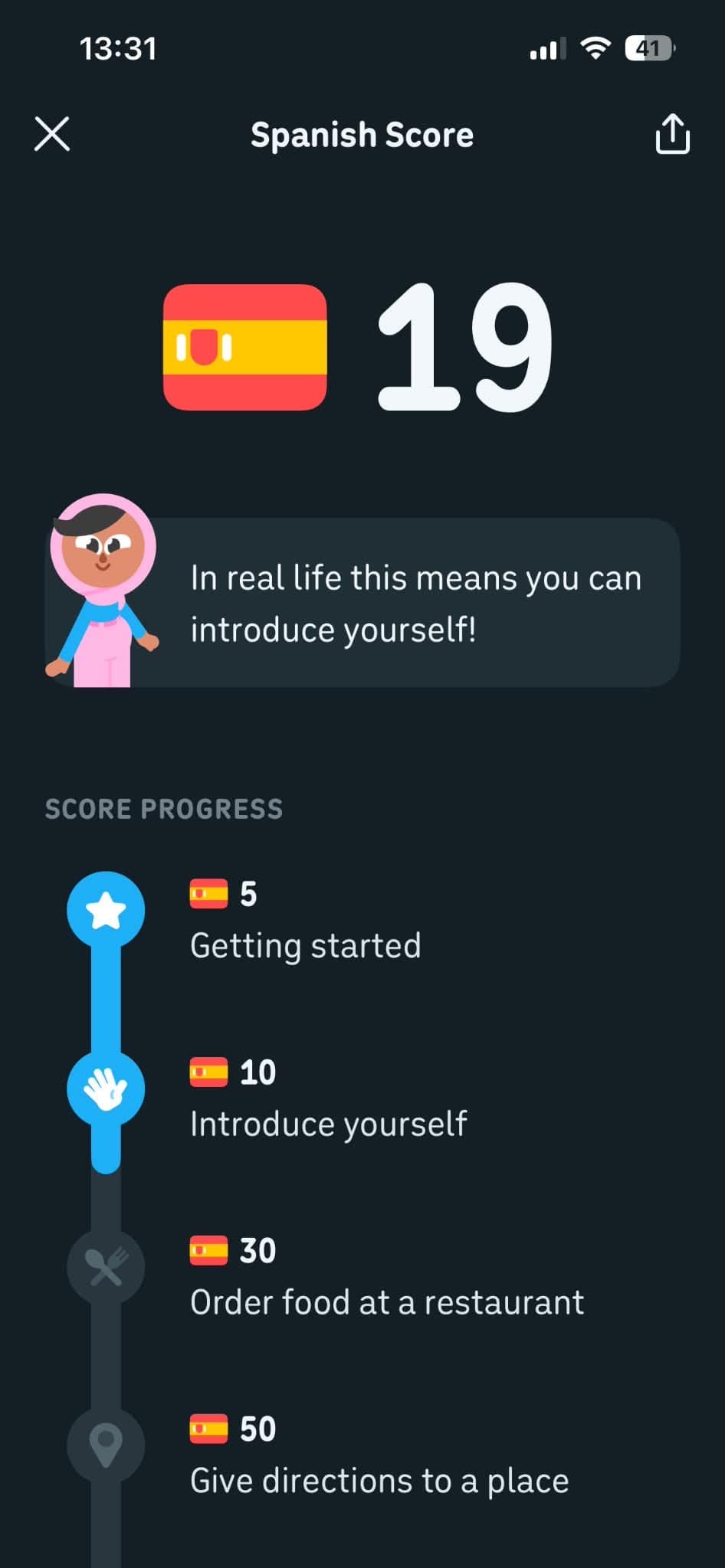 Duolingo's Spanish Score screen showing a score of 19, with milestones like introducing yourself and ordering food at a restaurant