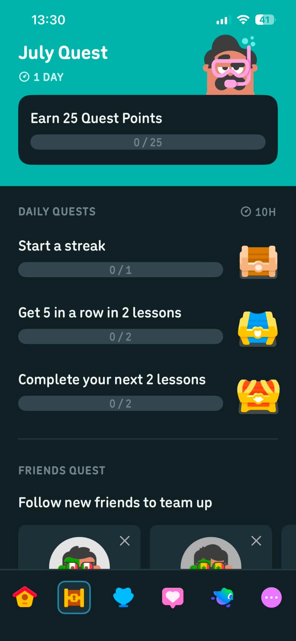 Duolingo's July Quest screen with daily quests like starting a streak, getting five in a row in two lessons, and completing your next two lessons