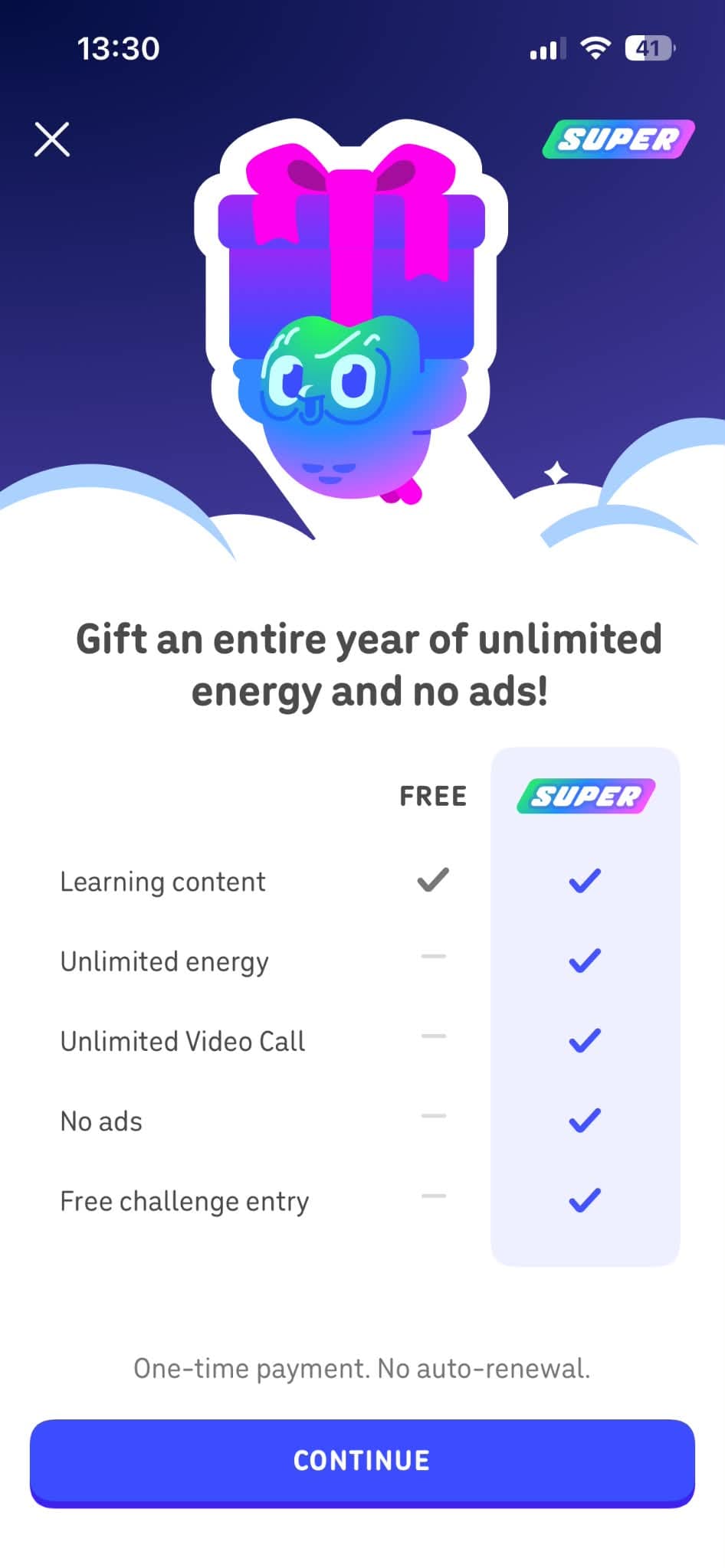 Duolingo Super upgrade screen comparing the free plan against Super, including unlimited energy, unlimited video call, no ads, and free challenge entry