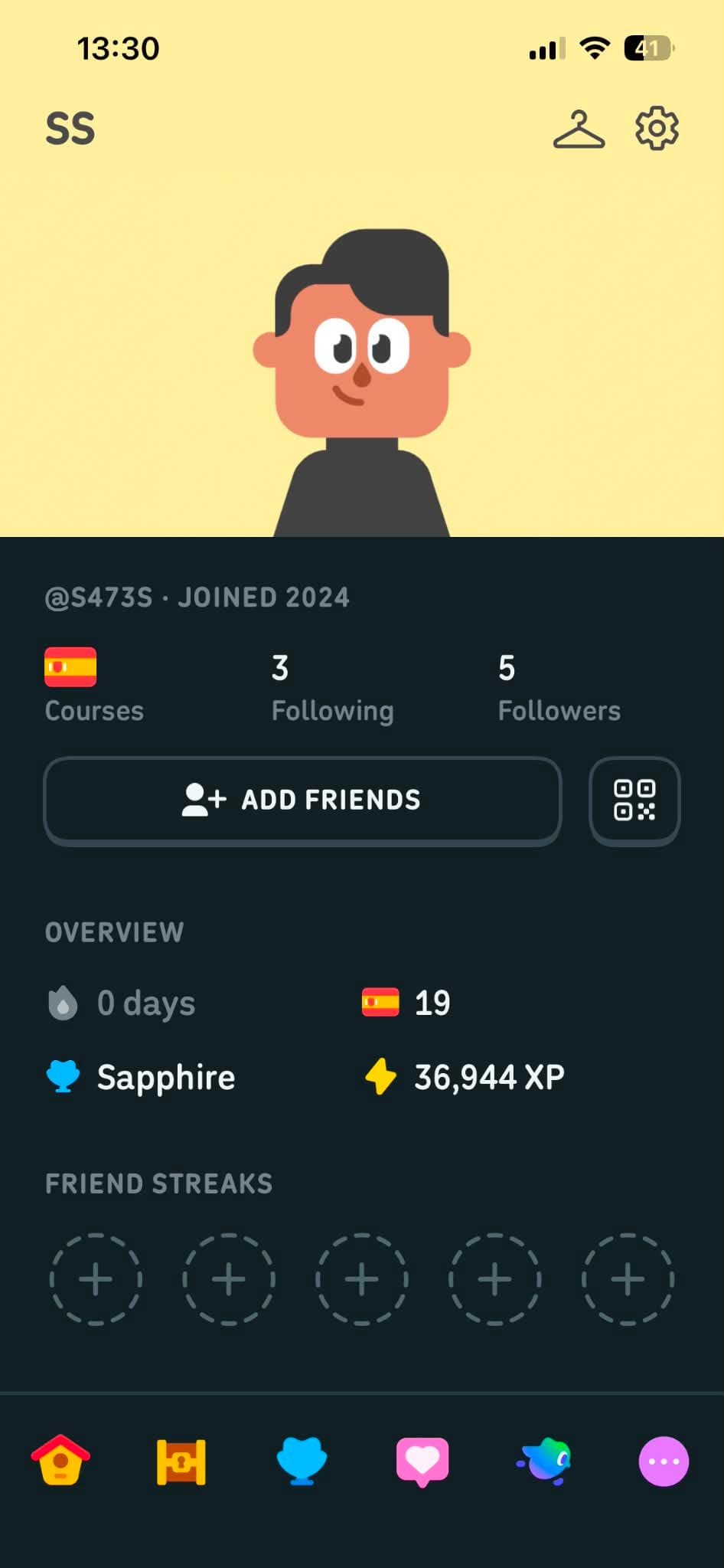 A Duolingo profile page showing a 0 day streak, Sapphire league, and 36,944 total XP